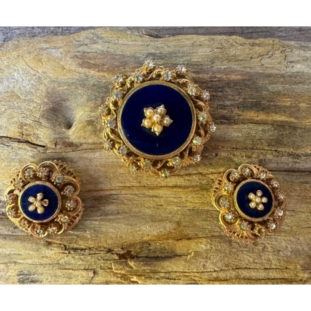 Florenza Brooch Earrings Victorian Inspired Gold Blue  Clip On Earrings Set Faux